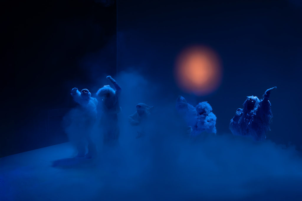 Un groupe d'artistes en costumes moelleux émerge de la brume sous un éclairage bleu sur une scène sombre avec un projecteur orange. Une photographie de Pascal Bernheim