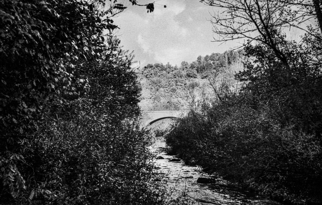 Image en noir et blanc d'un petit ruisseau coulant sous un pont en arc de pierre, entouré d'un feuillage et d'arbres denses. Une photographie de Pascal Bernheim